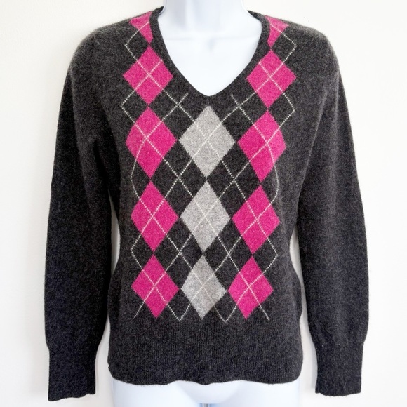 Apt. 9 Sweaters - Apt 9 100% Cashmere Sweater Argyle V Neck Long Pink and Gray Medium
